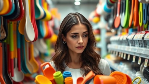 A woman shops for kitchen essentials at Home Depot in a bright aisle.