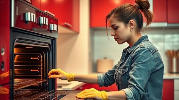 Woman cleaning oven using citrus steam cleaning method, kitchen scene.