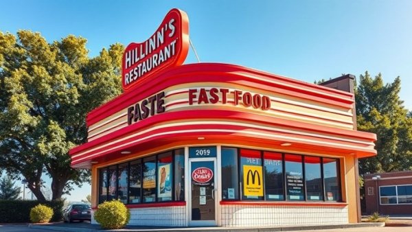 Retro fast-food restaurant with classic sign, bright colors; Fat Brands cash flow problems.