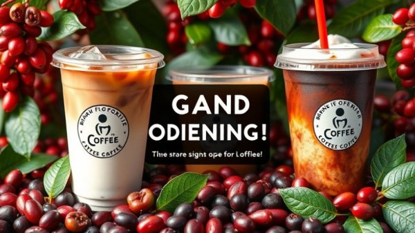 PJ's Coffee Gulfport Grand Opening offers on vibrant promotional display.
