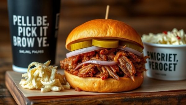 Dickey’s Barbecue Pit pulled pork sandwich and coleslaw on table.