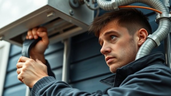 Technician addressing HVAC technology risks outside a house.