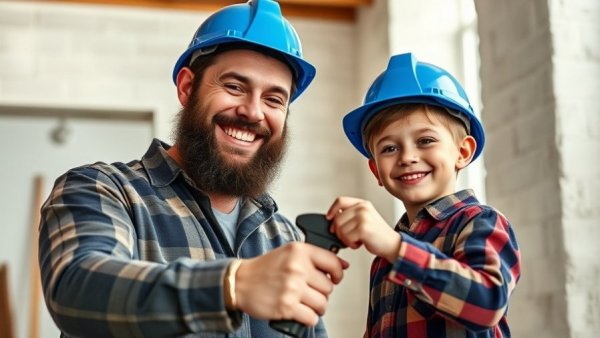 Father and son in hard hats, smiling in a construction setting, symbolizing selling HVAC business to family member.