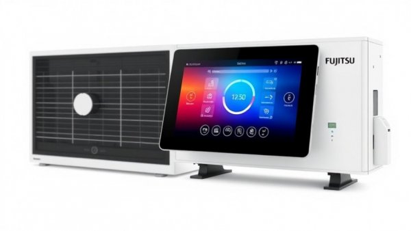 Fujitsu AIRSTAGE Cloud BMS interface on tablet next to HVAC unit.