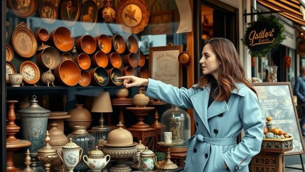 Young woman browsing collectibles in vintage shop window.