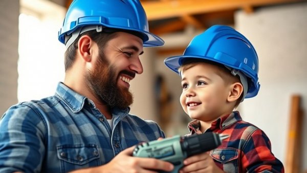 Man and child in construction gear sharing moment, conveying family business.