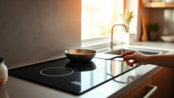 Modern kitchen with induction stove and frying pan in daylight