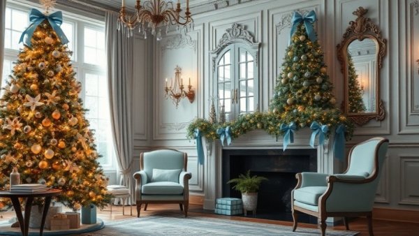 Elegant Christmas decor in a living room with garland and tree.
