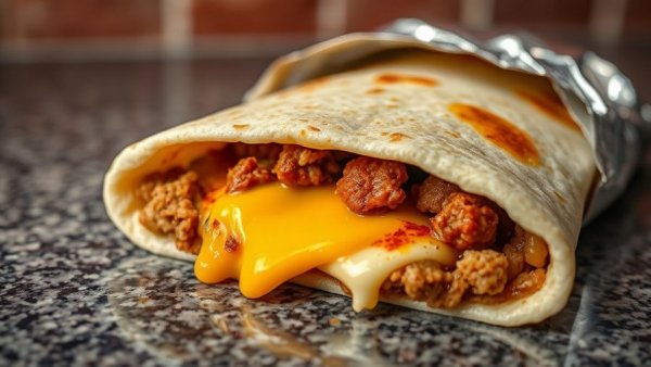 Taco Bell Quesarito on speckled counter, close-up view.
