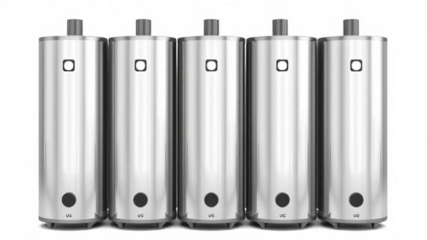 Sleek electric water heaters in a row, metallic finish.