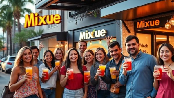 Mixue U.S. restaurant chain opening celebration with beverages outside.