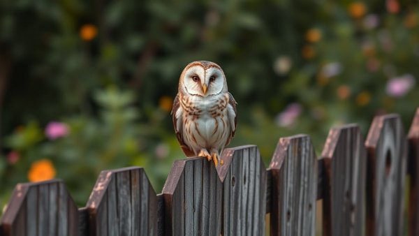 Peaceful barn owl in a lush garden setting, perfect for owl-friendly garden lighting theme.