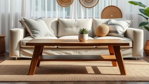 Modern wooden coffee table alternative in cozy living room
