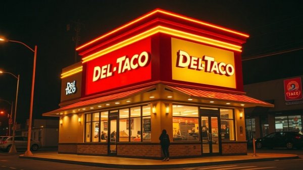 Del Taco at night showcasing growth under Yadav Enterprises.