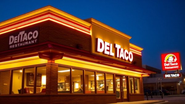 Del Taco restaurant at night, vibrant and welcoming, highlighting recent acquisition.