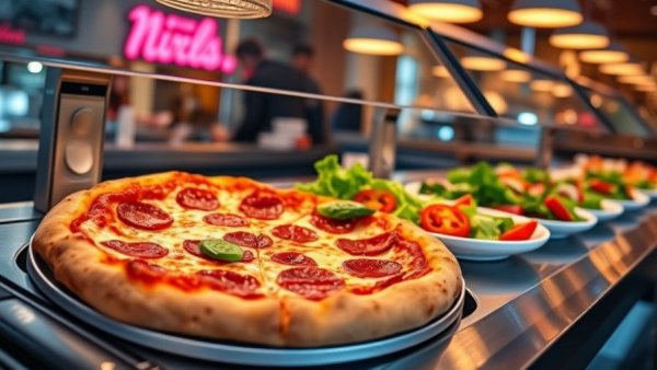 New restaurant menu offerings including pizza and salads with buffet promotion.
