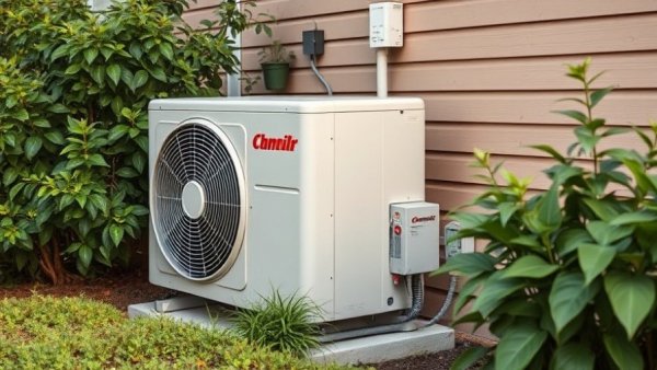 R-410A installations: Air conditioning unit beside greenery.