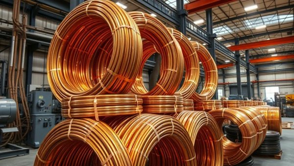Shiny copper coils in industrial factory reflecting light.