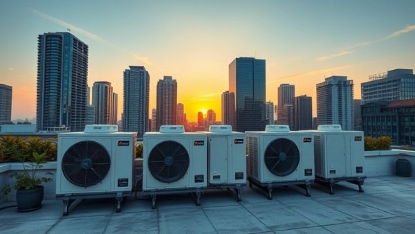 Commercial climate control units on rooftop at sunset, city view.
