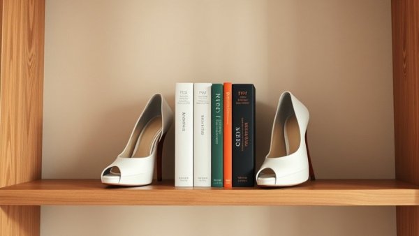 High heels transformed into bookends on a shelf, minimalist decor.
