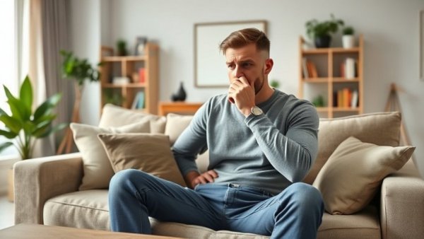 Frustrated man on sofa addressing odors, remove odors from upholstered furniture.