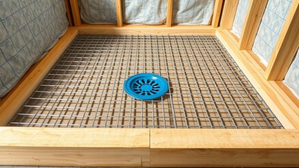 Partially constructed shower pan with wire mesh and drain. Learn how to build a shower pan.