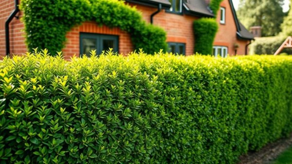 Lush green hedge around red brick house, showcasing New Dewalt Hedge Trimmers 2026 precision.