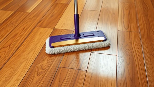 Clean engineered hardwood floors being mopped with a purple mop.