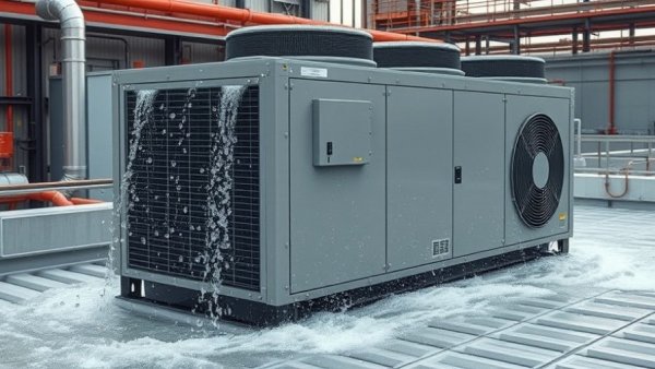Industrial HVAC chiller with water cascading for cooling efficiency.