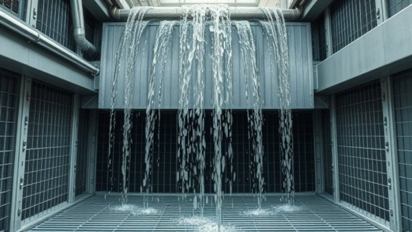 Industrial cooling system showing water flow and metal grates - chiller rotation dynamics.
