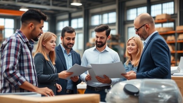 Diverse group in industrial setting discussing trade policies