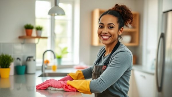 Smiling house cleaner wiping counter in modern kitchen, How Much to Pay a House Cleaner in 2026.