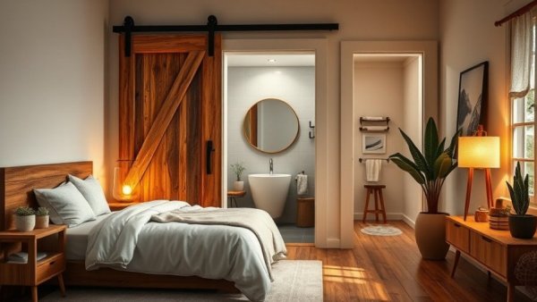 Rustic barn door for bathroom enhancing modern bedroom decor.