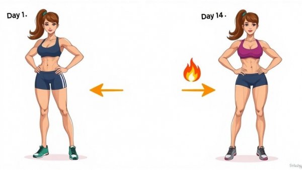 30-Minute Fat Burning Workout transformation illustration, day 1 to day 14.