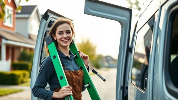Female technician with ladder, emphasizing workforce diversity.