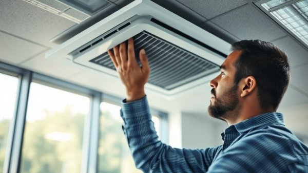 Technician inspecting HVAC vent in office setting, promoting sell HVAC replacements instead of repairs.