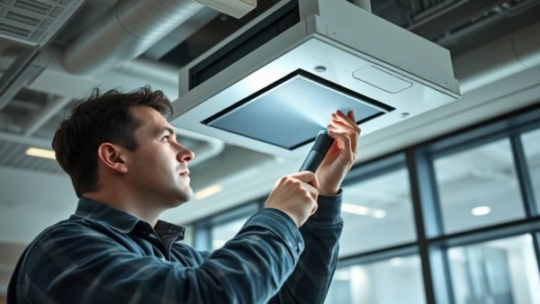 Sell HVAC replacements: Technician inspecting ceiling unit.