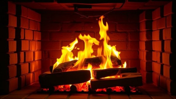Warm fire glowing in a wood-burning fireplace, creating ambiance.