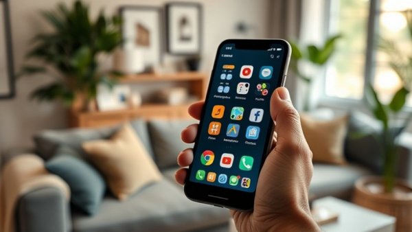 Smart home app on phone in modern living room, adding value.