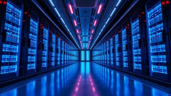 Futuristic data center corridor showcasing advanced HVAC systems