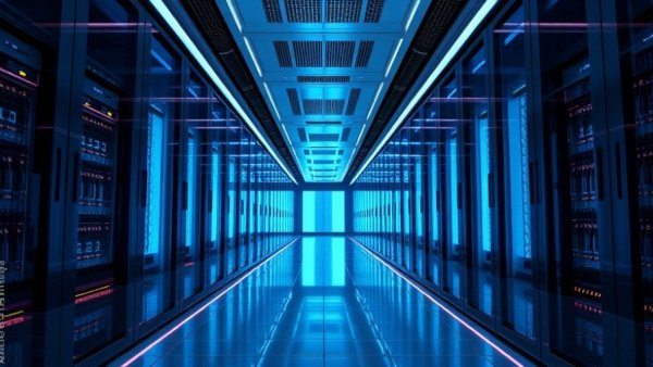 Futuristic data center with glowing blue servers, HVAC Gold Rush.