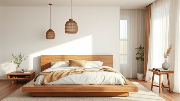 Modern bedroom with wooden bed and minimalist decor, symbolizing Bedroom Sense-Scaping Trend 2026.