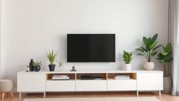 Modern TV lift cabinet with minimal decor and plants.