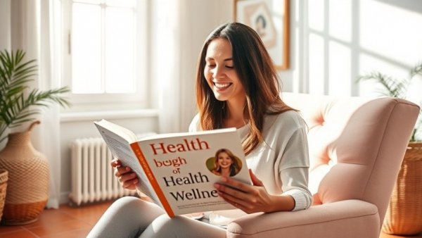 Woman reading a health and wellness book in a cozy room with soft lighting.