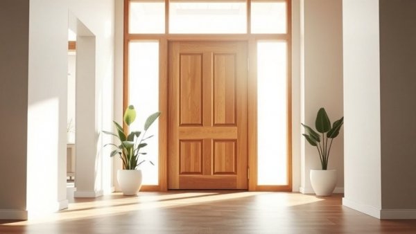 Spacious modern entryway with wooden door and sunlight.