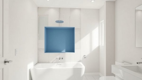 Bathroom drywall installation with blue niche in progress.