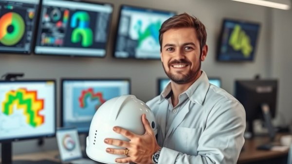 Engineer holding a helmet proudly in front of computer screens in an office setting.