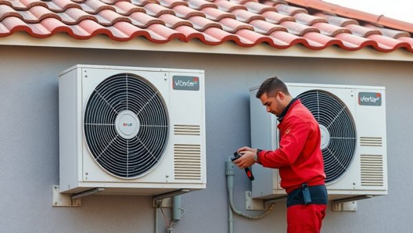 Technician in red maintaining air conditioning unit, electrification trends 2025.