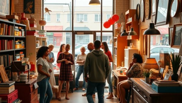 Cozy thrift store with diverse shoppers, ideal after-holiday visit.