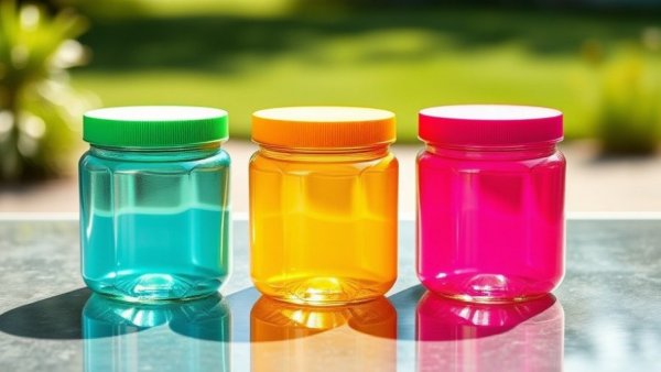 Plastic jars with bright lids in outdoor light, unique light-up decor inspiration.